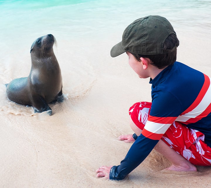 Young boy sitting admiring a Galapagos Sea Lion cub