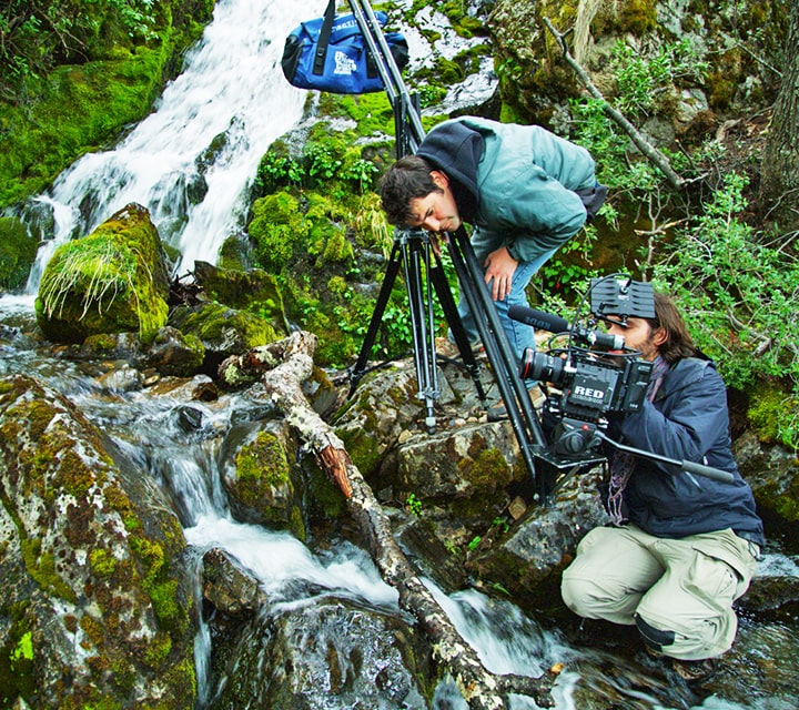 Chronos Cinema crew getting a waterfall shot in Patagonia with Quasar Expeditions