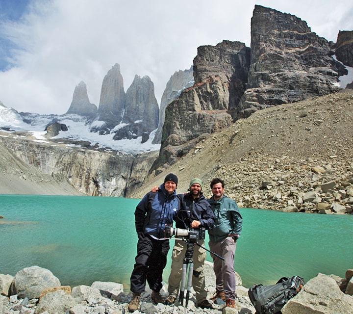 Chronos Cinema film crew at Base of the Towers in Torres del Paine, Chile with Quasar Expeditions