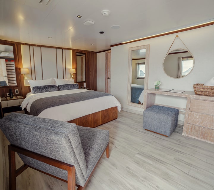 Retire each evening in absolute comfort in a deluxe stateroom aboard Quasar's Galapagos Yachts
