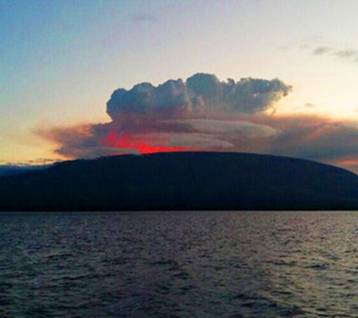 Morning view of the erupting La Cumbre volcano in Fernando Island, Galapagos