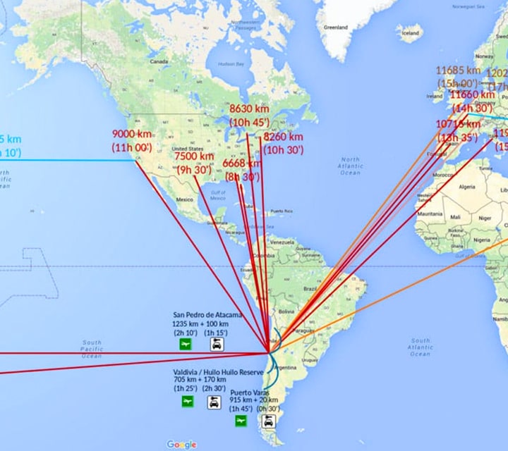 A map outlining all the international flight access points to Chile