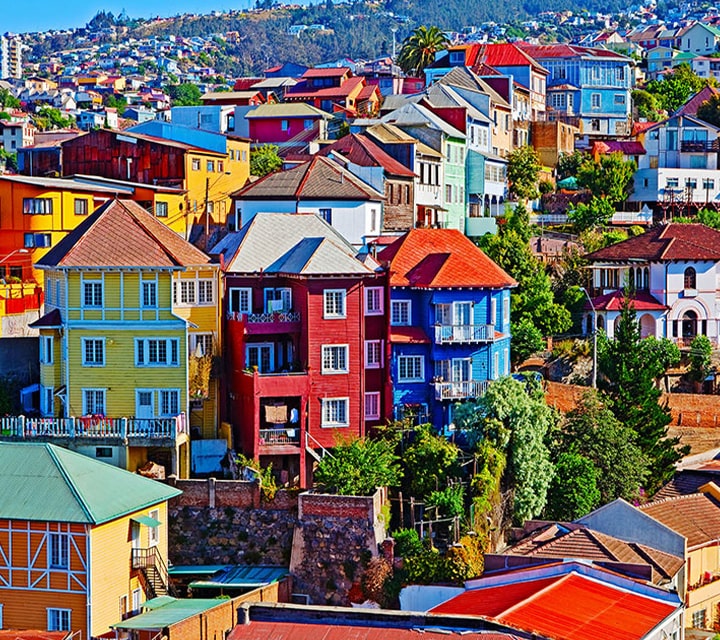 Colorful, clifftop homes in Valparaiso's port city on Chile's coast