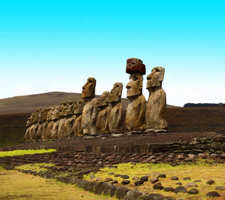 The 15 stone moai statues on Easter Island stand with mystery and history in Chile