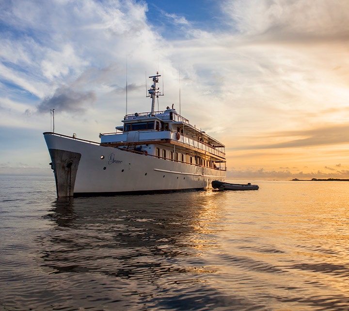 Grace Yacht sailing at sunset in the Galapagos Islands